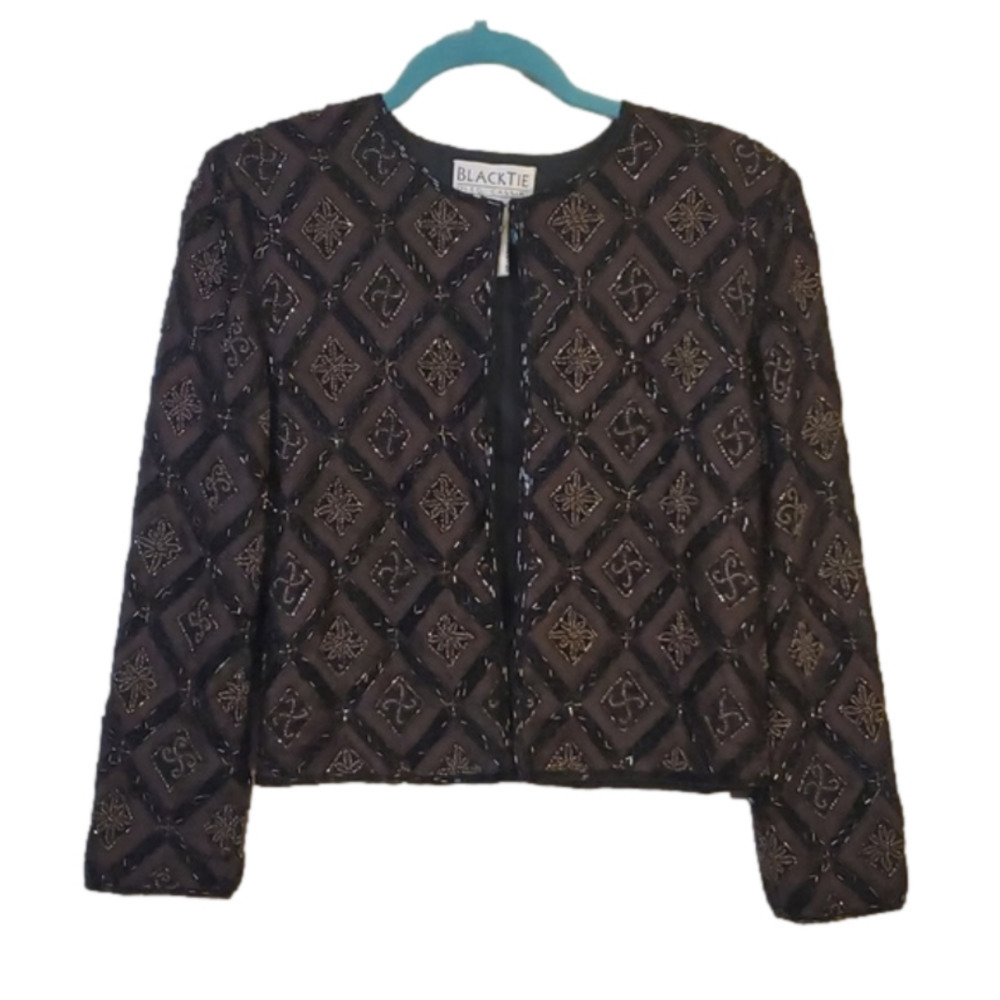 Oleg Cassini Black Tie Beaded Evening Jacket Size Medium